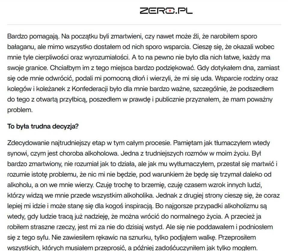 Nie chcę gloryfikować trzeźwiących, ale — mimo, że nie znam <a href="/ryszard_wilk/">Ryszard Wilk</a> osobiście — pamiętając wkurzenie, że najbardziej wolnościowy Poseł tej kadencji zatapia się w alko, teraz chcę docenić jego pracę: zza mównicy sejmowej i z własnym uzależnieniem
[Dobry wywiad <a href="/jprusinowski/">Jacek Prusinowski</a>]