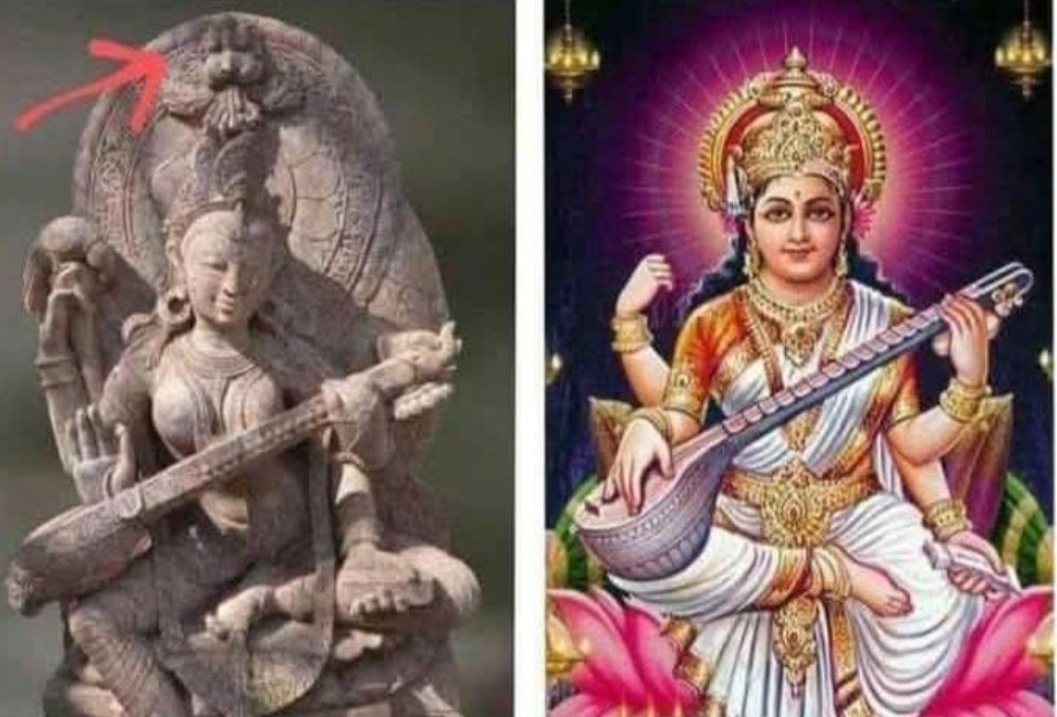सरस्वती की फोटो  नालंदा विश्वविद्यालय  के उत्खनन से प्राप्त बौद्ध भिक्षुणी सुरसती की मूर्ति की नकल है!
 
.....एड आर एस वर्मा  के अनुसार 

18 वीं शताब्दी में जब नालंदा विश्वविद्यालय का उत्खनन हुआ तो वहां से *बौद्ध भिक्षुणी सुरसती* की एक मूर्ति मिली !
जो हाथों में बीड़ा लिए हुए,
