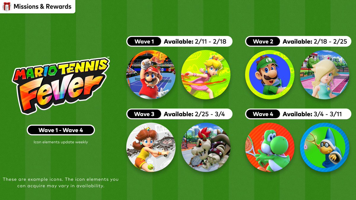 Redeem your #MyNintendo Platinum Points to collect custom icons from #MarioTennisFever, available until March 11 at 6pm PT on Nintendo Switch 2 and Nintendo Switch. Icon elements will be refreshed each week. #NintendoSwitchOnline

Learn more: ninten.do/6017QPNg7