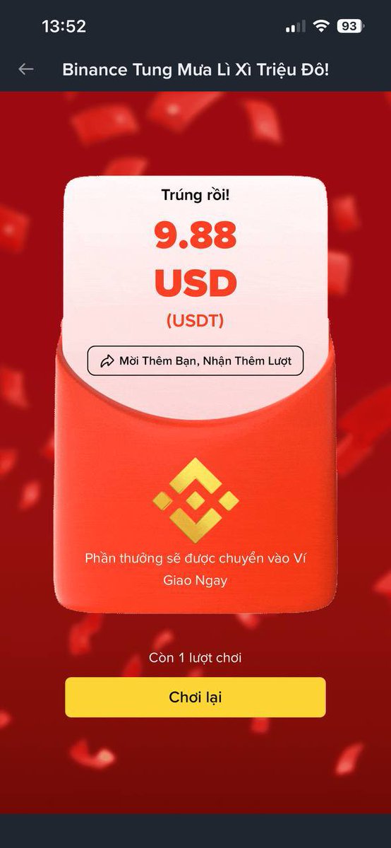 BINANCE TUNG "MƯA LÌ XÌ" TRIỆU ĐÔ - AI CŨNG CÓ QUÀ!

👉 Vào game hứng Lì Xì ngay tại: binance.com/referral/myste…

Mặc định bạn có 1 lượt chơi miễn phí, nhưng muốn "hốt" nhiều hơn thì làm ngay cách này:

1️⃣ Mời Bạn Mới (New Users):
Gửi link Lì Xì cho bạn bè chưa có