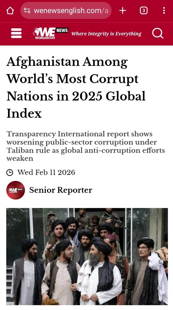 MadihaPMLNYouth's tweet photo. 🇦🇫 افغانستان 2025 میں بدعنوان ممالک میں شامل، CPI اسکور 16/100۔ پوزیشن 169/182۔ عالمی سطح پر بدعنوانی بڑھ رہی ہے، شفافیت کی کمی محسوس کی جا رہی ہے۔ #CorruptionIndex #Afghanistan https://t.co/DiZxV3Ny27