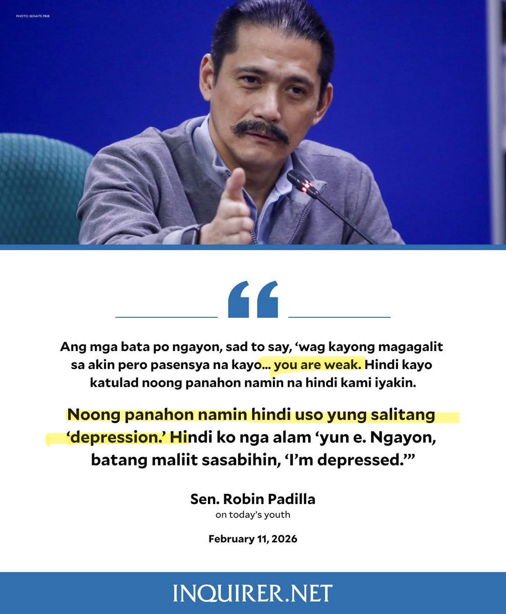 riyanportuguez's tweet photo. Paumanhin, Sen. Robin Padilla. 

Noong panahon po kasi ninyo maraming mga tao partikular na ang kabataan ang natatakot na magsabi dahil sa katulad po ninyo na kaysa maunawaan eh hinuhusgahan kaagad na “weak” o mahina kapag may pinagdadaanan. 1/2 https://t.co/fq4kLPGd9r
