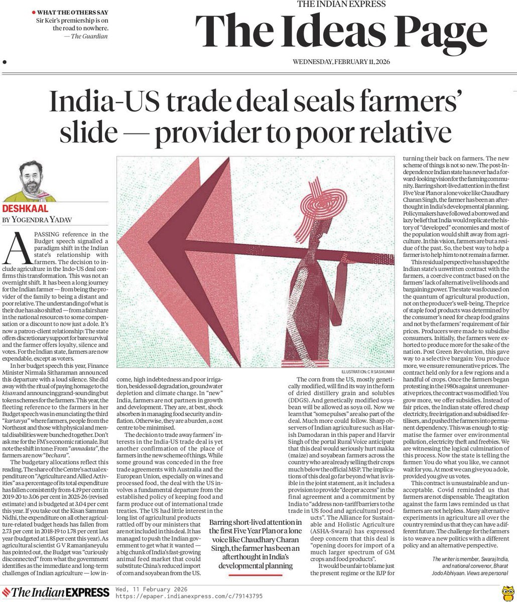 The Indo-US trade deal and the Union Budget signal the culmination of a long journey for the Indian farmer — from being the “provider of the family” to a distant and poor relative.

In “new” India, farmers are not partners in growth and development. They are, at best, shock