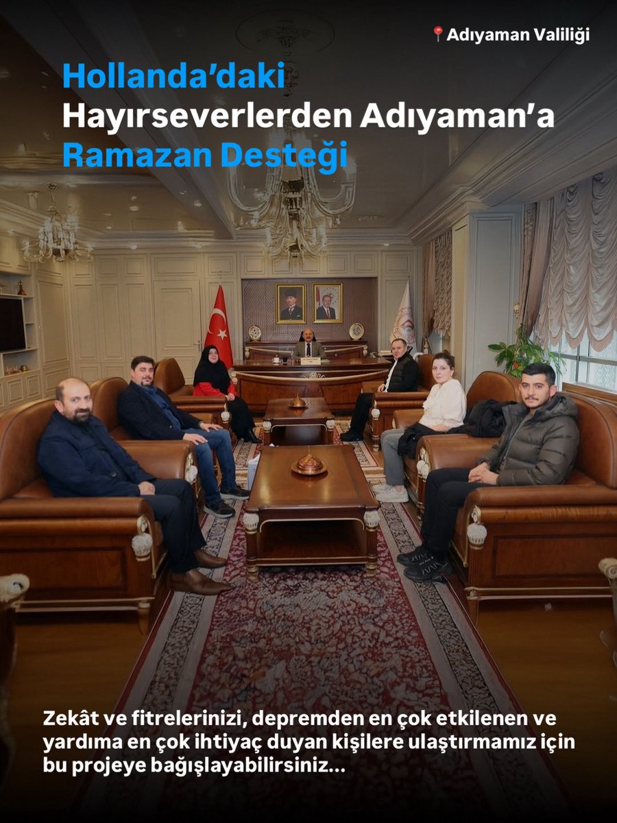 Hollanda Diyanet Vakfı heyeti, Ramazan ayı boyunca Adıyaman’da yürütülmesi planlanan sosyal yardım çalışmaları kapsamında Adıyaman Valisi Dr. Osman Varol’u makamında ziyaret etti.

Ziyarette, planlanan yardım faaliyetlerine ilişkin bilgi paylaşımında bulunuldu. Görüşmede, Ramazan