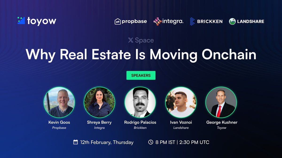 Every time we hear RWAs, real estate is the first thing that comes to mind.

But why exactly is property moving onchain right now?

Let’s hear it from the OGs building in the space 👇 <a href="/PropbaseApp/">Propbase</a> <a href="/Landshareio/">Landshare</a> <a href="/Brickken/">Brickken</a> <a href="/integra_layer/">integra.</a>

🗓️ 12th Feb, 2026
⏰ 2:30 PM UTC
📍