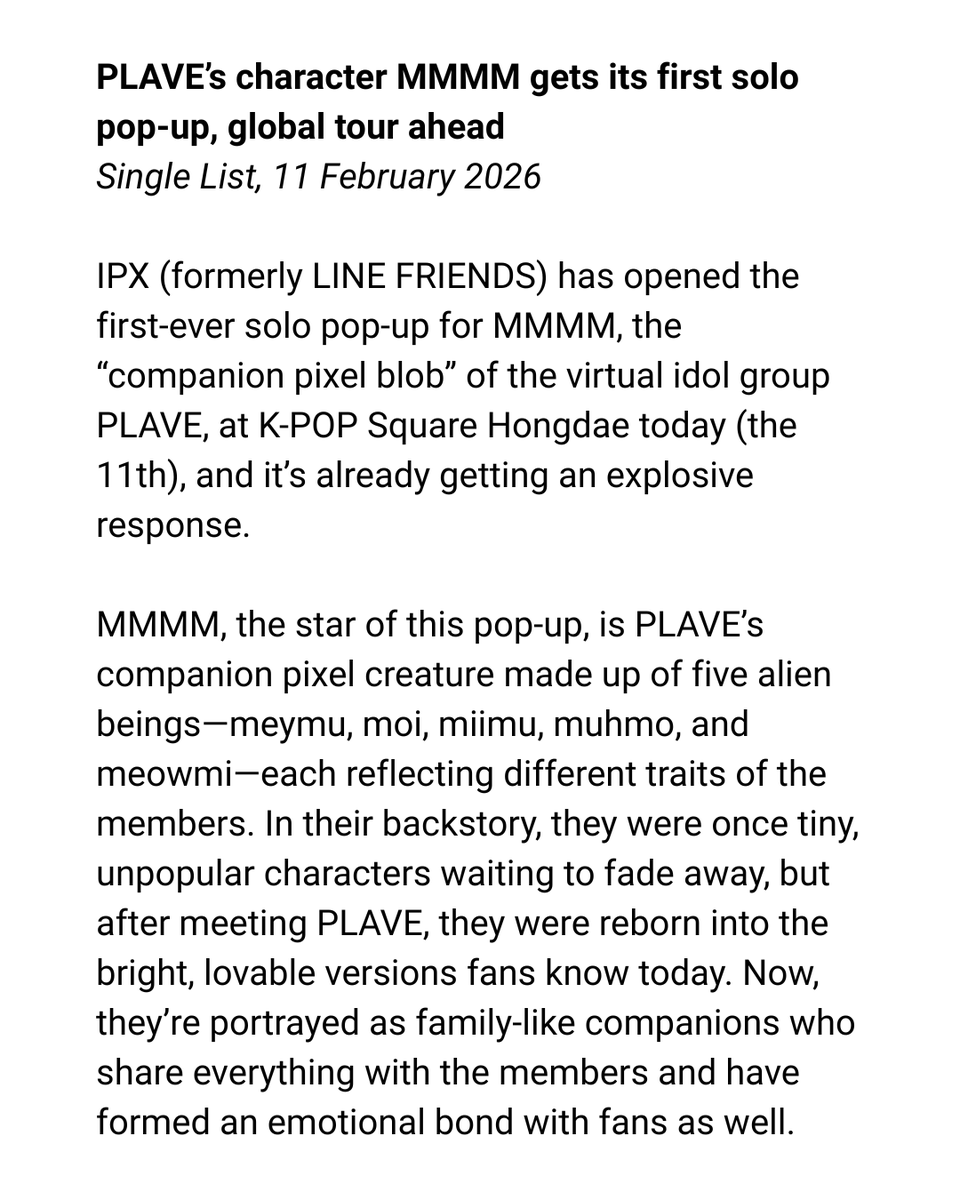 iwriteplv's tweet image. 📰

PLAVE's character MMMM gets its first solo pop-up, global tour ahead!

🔗 slist.kr/news/articleVi…

---

#PLAVE #MMMM