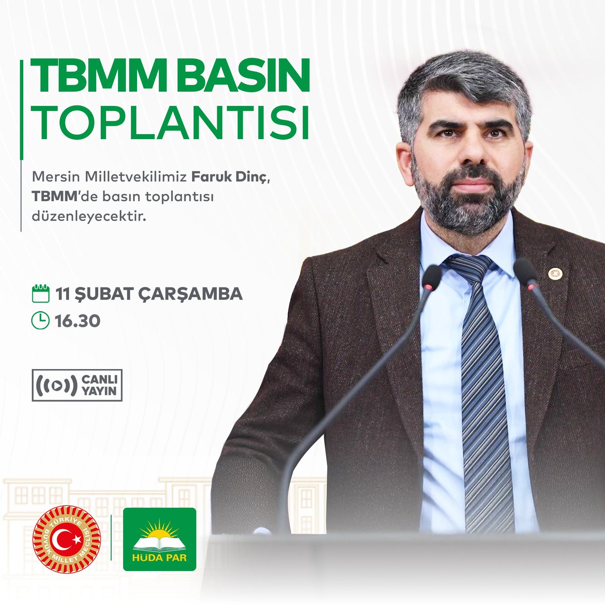 Mersin Milletvekilimiz Faruk Dinç, bugün saat 16.30’da TBMM’de basın toplantısı düzenleyecektir.