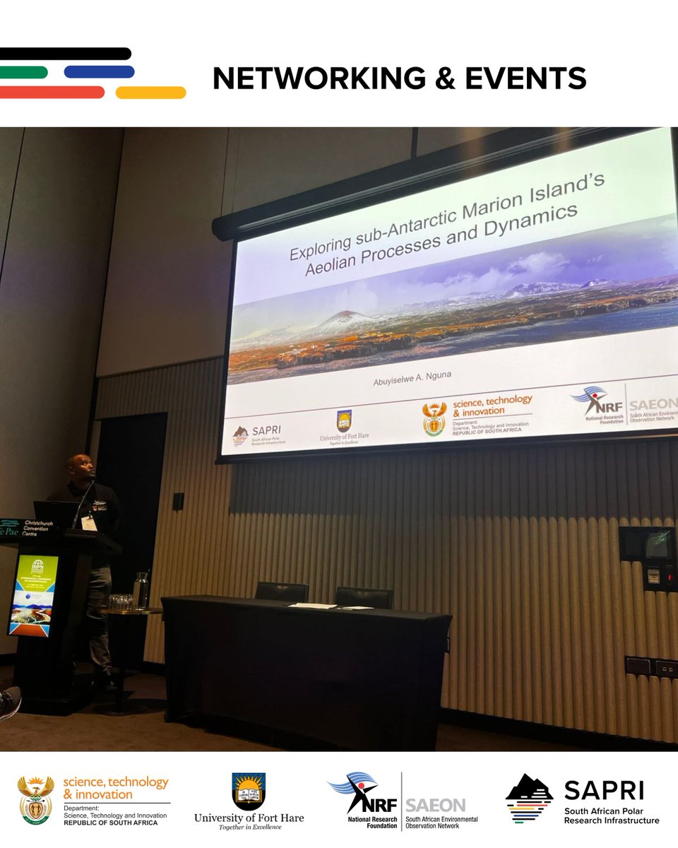sapri_dsti's tweet photo. From citations to conversations 💨
Last week,#LTOLand Research Coordinator Abuyiselwe Nguna from #SAPRI presented part of his PhD research on sub-Antarctic Marion Island aeolian processes and dynamics at the International Conference on Geomorphology in Ōtautahi,New Zealand. https://t.co/dzD8pmF1VM