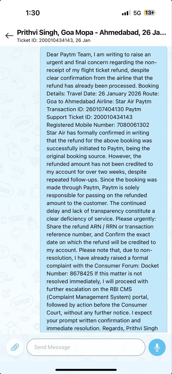 Prithvi75653368's tweet photo. @Paytmcare @PaytmTravelCare the support for paytm is pathetic, there is no human response apart from AI, tickets raised have no traction. I have filed a consumer grievance and will move to RBI CMS post this.
Airline has refunded but paytm is squatting on it. https://t.co/25BUAqVVog
