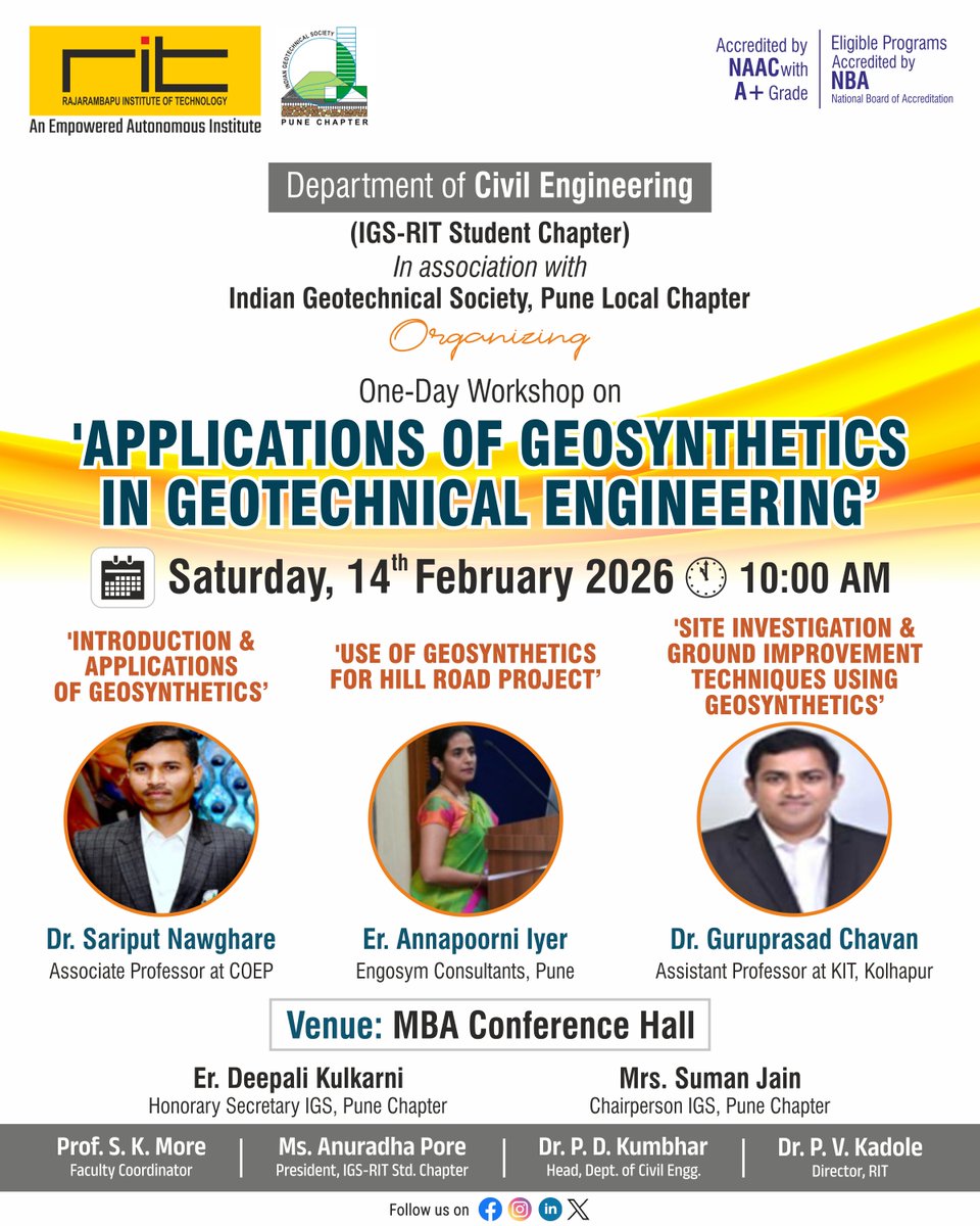 ritindia1983's tweet photo. 🏗️ One-Day Workshop on Applications of Geosynthetics in Geotechnical Engineering
Organized by Civil Engg. (IGS–RIT Student Chapter) with IGS Pune LC
🗓 14 Feb 2026 | 📍 MBA Conference Hall, RIT
#CivilEngineering #Geotechnical #Geosynthetics #IGS #RIT https://t.co/Kowi2dMl60