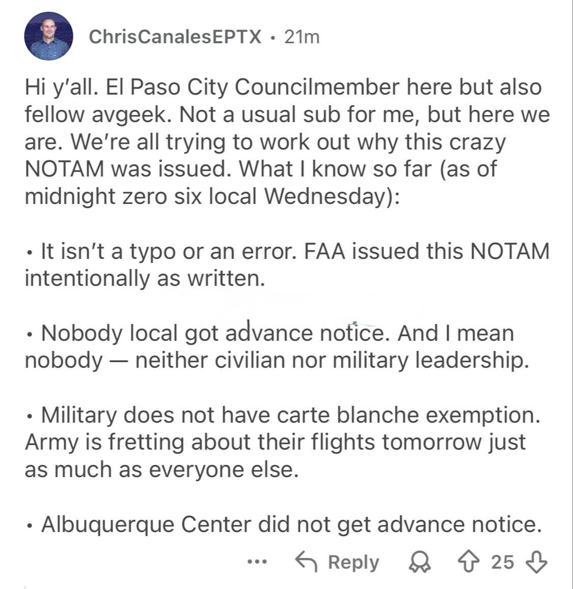 #BREAKING 🇺🇸 🇲🇽 El Paso City Council member Chris Canales states that no one in the area, civilian or military, received advance notice of the NOTAM, including the Albuquerque Air Traffic Control Center, and the US Army at Fort Briggs is still assessing the impact on their