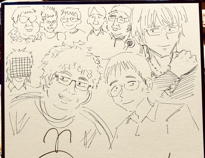 先日飲みながら描いたサイン、男キャラだらけ、めっちゃうろ覚えで描いた。わんぴいすの笹原はセンター分け四角メガネだったねー、と帰ってから気づいた。
でもなんか、久しぶりに赤井と山崎君とか描けて楽しかった!
サインはある種、リハビリでもあるなぁ。 