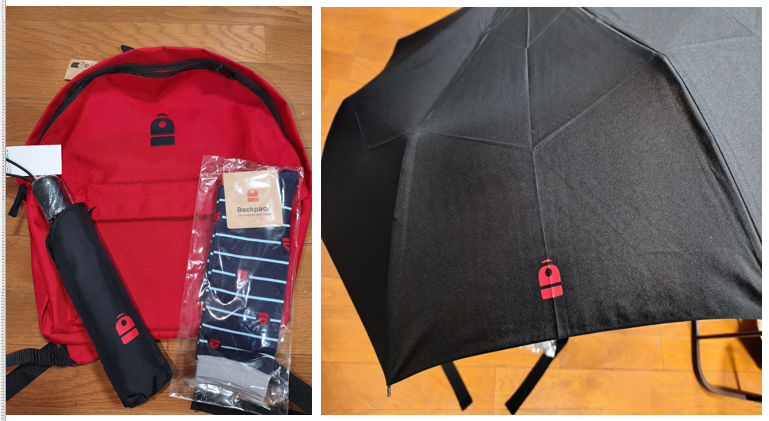 Backpack のバックと傘と靴下の3点セットが届いたので明日からこれでお散歩。さりげないブランドマークで普段使いもOK