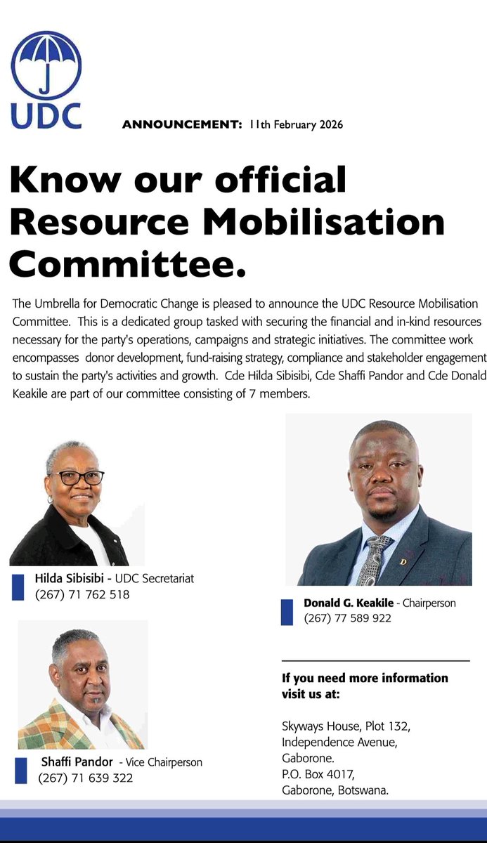 Introducing the UDC Resource Mobilisation Committee, tasked with coordinating our party's fundraising and resource efforts. 

🚨 Important: No individuals are authorised to approach anyone or any organisation on behalf of UDC without written permission from this Committee.