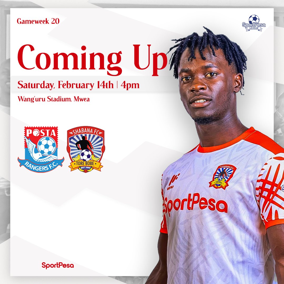 🔴 | NEXT ASSIGNMENT

🏆 | SportPesa League

⚽️ | Posta Rangers Fc 🆚️ Shabana Fc

🗓 |  Saturday, February 14th 2026

🏟 | Wang'uru Stadium,  Kirinyaga County

⏰ | 4:00PM EAT

Club Main Partner SportPesa

Sisi hatutumi barua za posta,  tunatuma barua pepe,  mje muone burdaan.