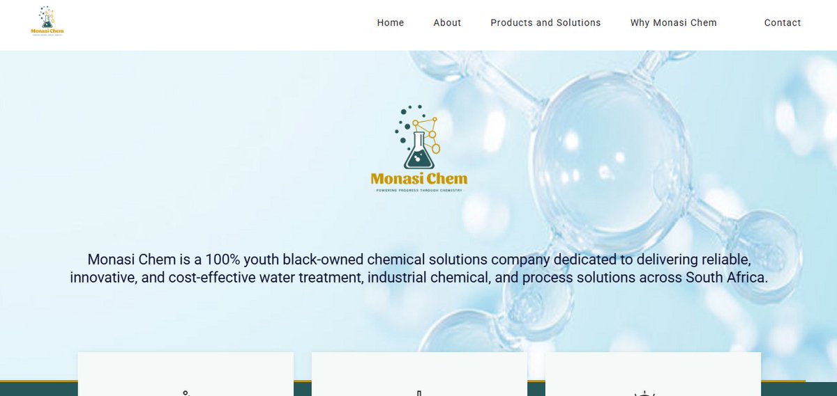 CiasoftS's tweet photo. Monasi Chem is a 100% black youth owned chemical solutions company in Johannesburg that supplies high-quality chemical products and treatment systems and supports clients with dependable technical solutions.

Logo and Website design by @CiasoftS

https://t.co/YA9ylPM9qF https://t.co/5qcFyKtSRI