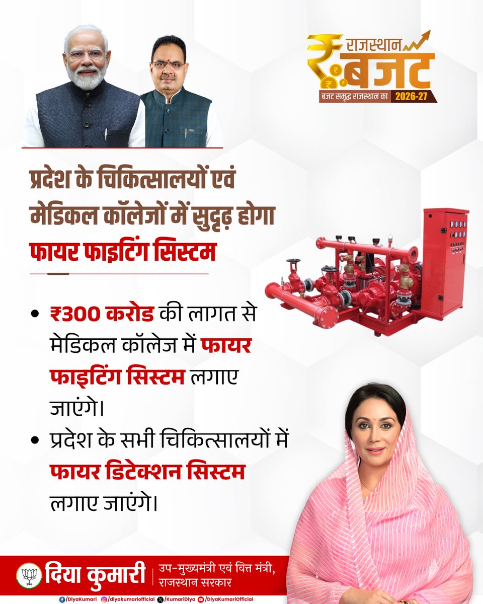 KumariDiya's tweet photo. प्रदेश के चिकित्सालयों एवं मेडिकल कॉलेजों में सुदृढ़ होगा फायर फाइटिंग सिस्टम..

#बजट_समृद्ध_राजस्थान_का https://t.co/BVUh3PGZaq