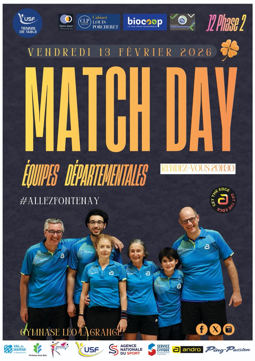 USFTT1's tweet photo. Ce vendredi, salle Decaudain à Fontenay c'est championnat par équipes départementales à partir de 20h30.
Allez Fontenay 🏓💪
@optic2000_fsb @cabinet_porcheret@valdemarne_94 @jpgautrais @cd94tt @biocoop
@villedefontenay @usf.omnisports @ffttofficiel @fftt_idf @androtabletennis https://t.co/texqP4qeMF