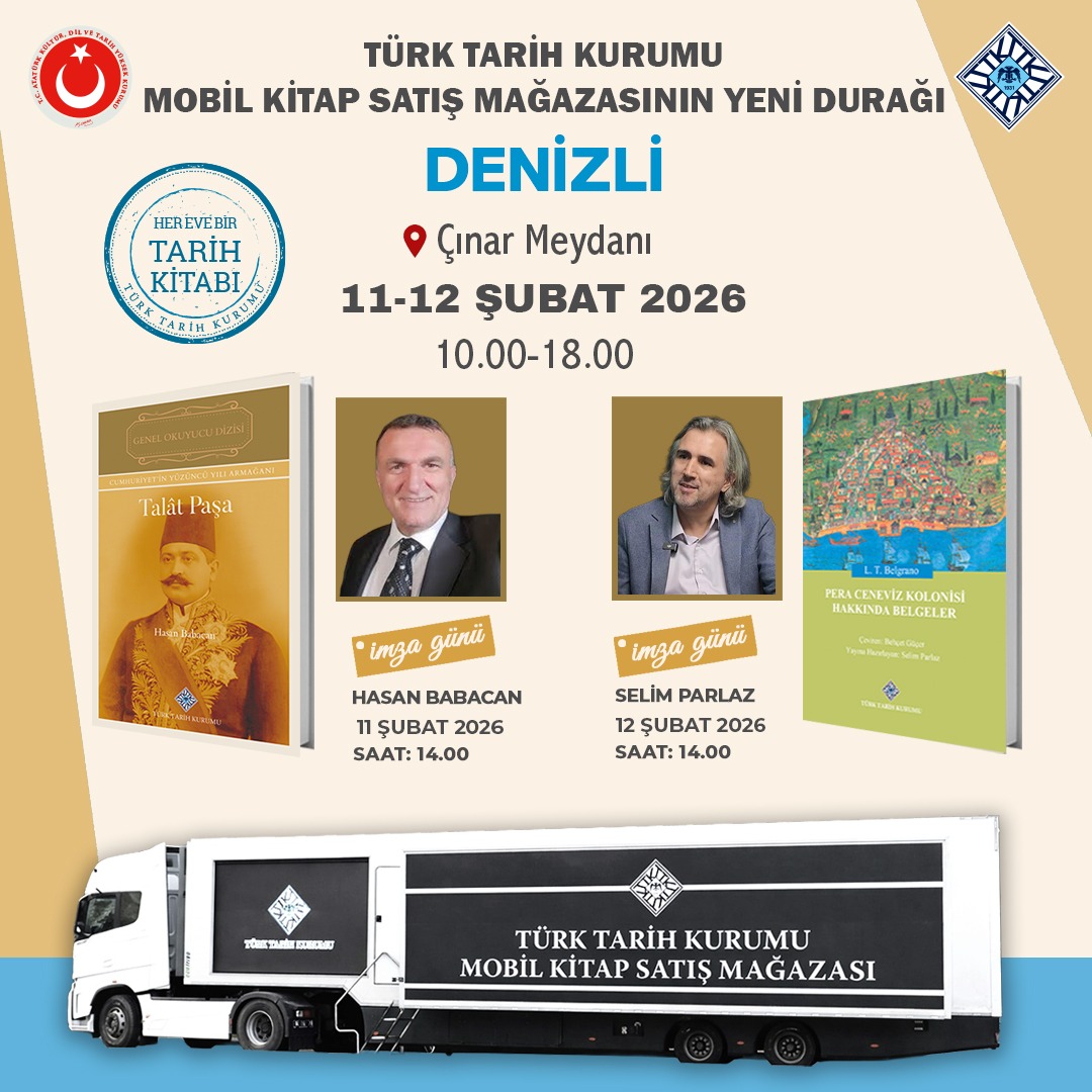 Mobil kitap satış mağazamız yayınlarımızı ve yazarlarımızı okurlarımızla buluşturmaya devam ediyor. 
Mobil mağazamızın yeni durağı #Denizli! 
Tüm okurlarımızı bugün 11-12 Şubat tarihlerinde Çınar Meydanı’nda olacak mobil mağazamıza bekleriz. 
#TTKyayınları
#HerEveBirTarihKitabı
