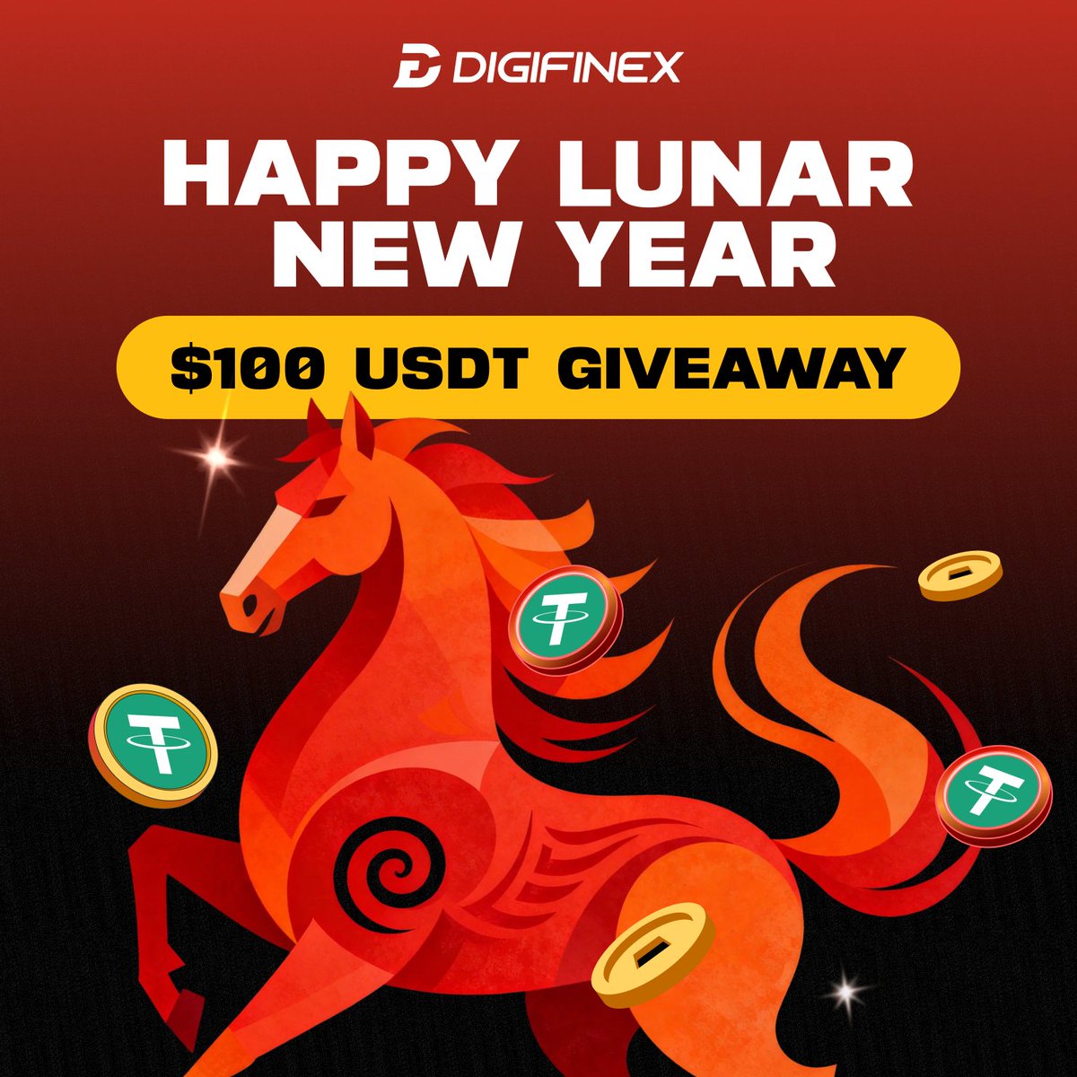 Celebrate the Lunar New Year with #DigiFinex 🐎

100 $USDT Giveaway!

🧧 Follow <a href="/DigiFinex/">DigiFinex Global</a>
🧧 RT + tag 3 frens
🧧 Comment your wish + UID

5 winners, $100 total shared!
Good luck &amp; Gong Xi Fa Cai
#Airdrops #Giveaway #LunarNewYear