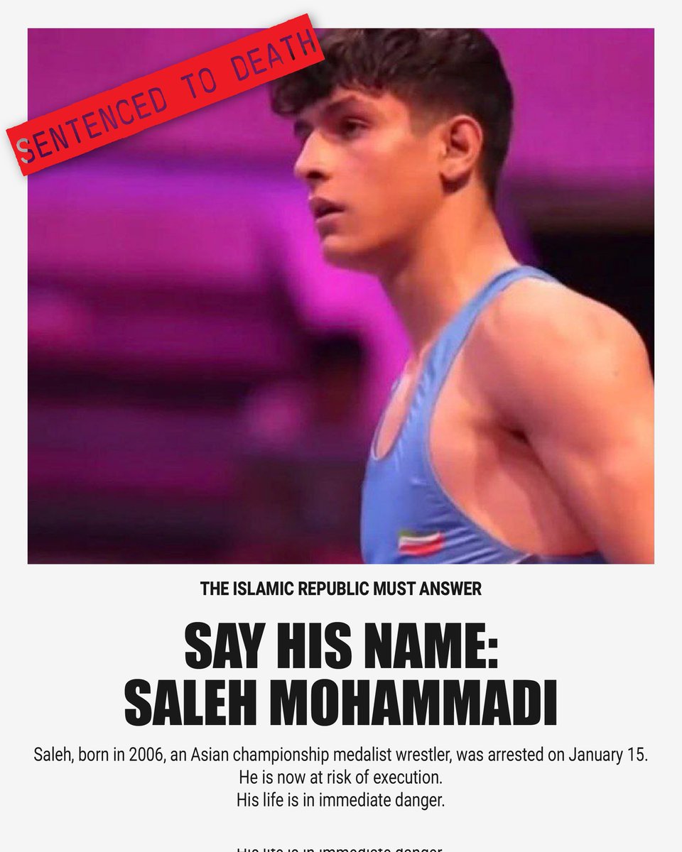 🚨فوری🚨  
طبق گزارش‌ها صالح محمدی برای اجرای حکم، به انفرادی منتقل شده.

URGENT  
Saleh Mohammadi, 20-year-old wrestler, has reportedly been transferred to solitary confinement in preparation for execution.  
#IranMassacre  
#صالح_محمدی
