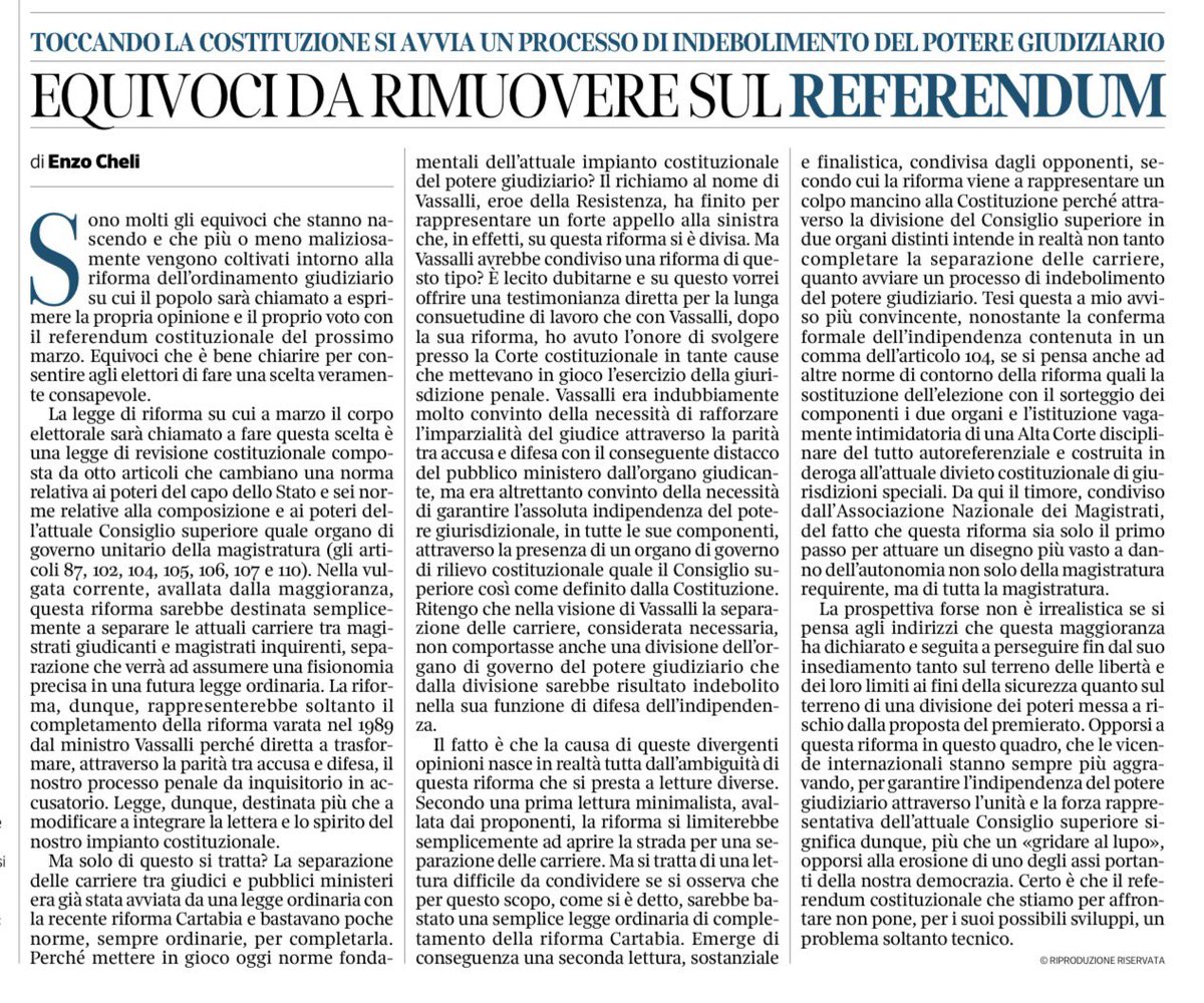 Enzo Cheli, luminare del diritto costituzionale nonché ex vice-presidente della Corte Costituzionale, spiega perché votare #No al referendum.
L’articolo è uscito oggi sul <a href="/Corriere/">Corriere della Sera</a>, ma a quanto pare ha dovuto aspettare molto tempo prima di essere pubblicato.