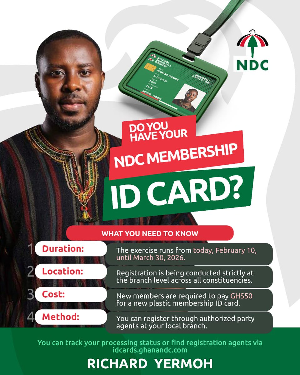 Do you have your NDC Membership ID Card yet?

The nationwide registration exercise is ongoing, and this is your chance to officially register or replace your card.

Date: February 10 – March 30, 2026
Venue: At your local branch (all constituencies)

Cost: GHS 50 for new plastic