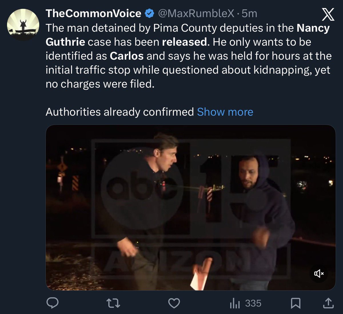 kittyreese_'s tweet photo. 🔴 BREAKING: So, Carlos, has been released and was likely not involved in any way with Nancy Guthrie. God what a bunch of straight-up clowns we have running this investigation! Poor Nancy!!!!!! https://t.co/YFvXutCGGm