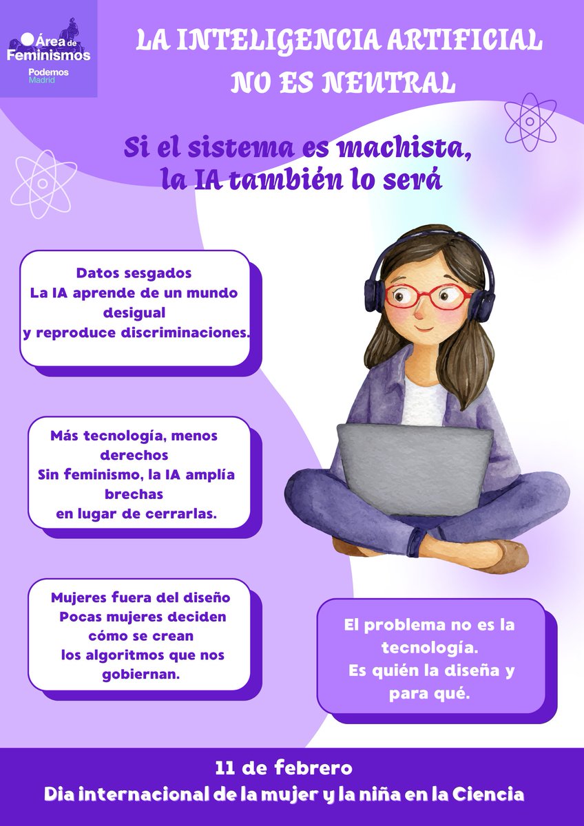 Hoy celebramos el Día Internacional de la Mujer y la Niña en la Ciencia.
La IA ya decide sobre empleo, cuidados o vigilancia.
Sin feminismo, amplía desigualdades.
Con feminismo, puede ponerse al servicio de los derechos y lo común.
#11F #InteligenciaArtificial