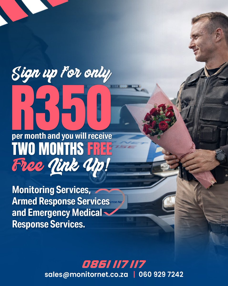 monitor_net's tweet image. Protect What You Love ❤🔒

Sign up for just R350 p/m and enjoy:
✅ 2 Months FREE – Monitoring, Armed Response &amp;amp; Medical Emergencies
✅ FREE Link-Up

Because Nothing says ‘I love you’ like peace of mind.

📧 sales@monitornet.co.za
📞 060 929 7242
🌐 monitornet.co.za/promo