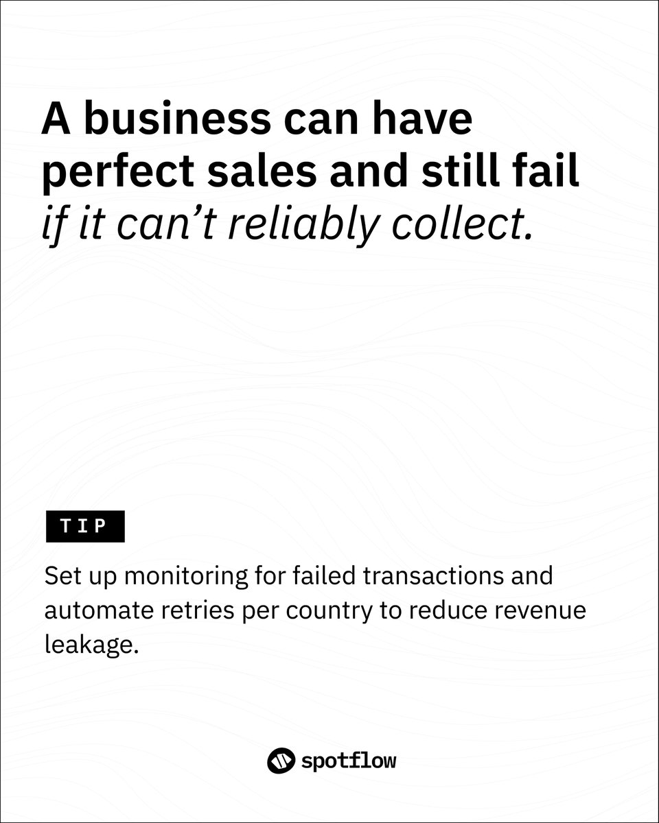 Spotflow_one's tweet photo. Payments often get the spotlight, but collections determine success.   

You might see great sales, but if collections fail, revenue evaporates. Automating retries and monitoring failed transactions is the silent hero of successful expansion. https://t.co/U98kccgfuX