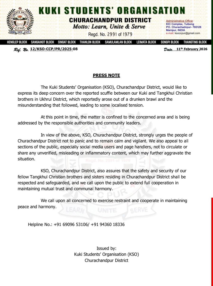 Manipur : KSO Ccpur District express deep concern over the reported scuffle between Kuki &amp; Tangkhul Christian brothers in Ukhrul, urging the public to remain calm, avoid spreading unverified information &amp; uphold peace and communal harmony. <a href="/ANI/">ANI</a> <a href="/Spearcorps/">SpearCorps.IndianArmy</a> <a href="/adgpi/">ADG PI - INDIAN ARMY</a> <a href="/MihirkJha/">Mihir Jha</a>