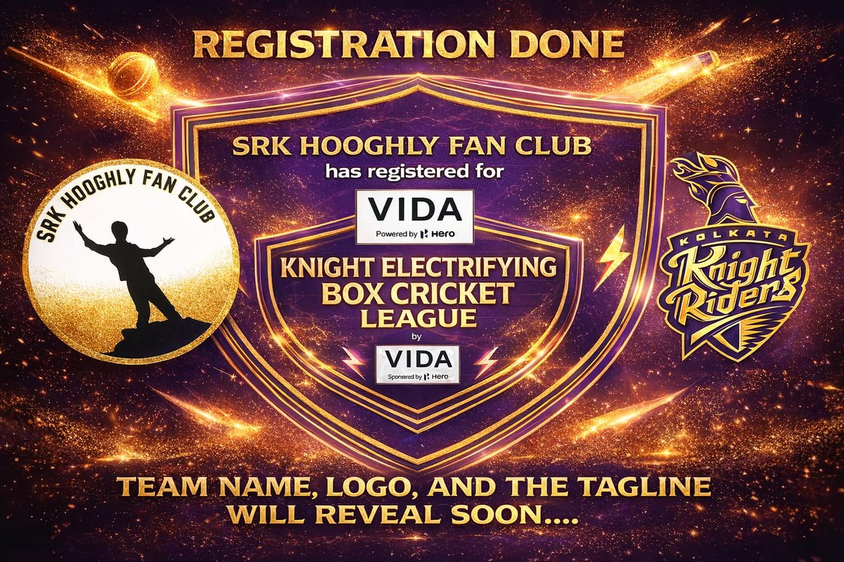 srkhooghlyfans's tweet photo. Registration Complete ✅
SRK Hooghly Fan Club... is ready for the Knights Electrifying Box Cricket League 🏏
Fueled by passion, powered by KKR vibes 👑
Team name, logo & tagline reveal coming soon…💜
#SRK #KKR #ShahRukhKhan #BoxCricket #SRKHooghlyFanClub
@iamsrk @KKRiders @bindadey @BeAKnightRider @srkhooghlyfans