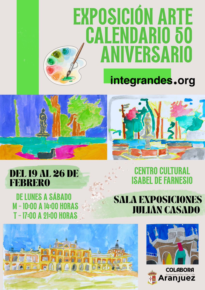 Comenzamos las celebraciones de nuestro 50 aniversario con la expo de las obras presentadas a nuestro Calendario 2026. 58 pinturas que muestran Aranjuez desde la creatividad y la inclusión. Del 19 al 26 feb, Sala Julián Casado (CC Isabel de Farnesio). ¡Ven a disfrutarla!💚