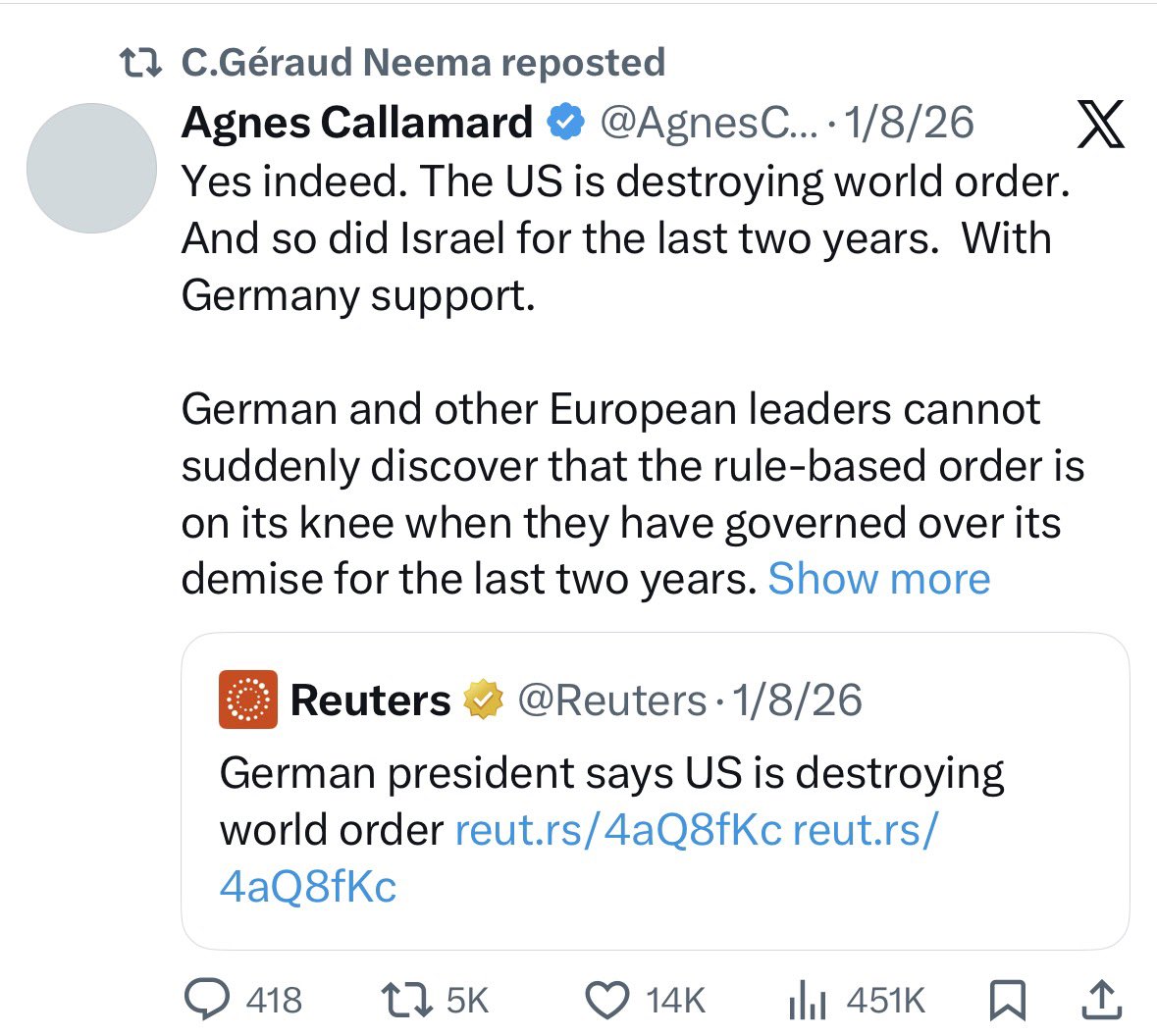 Anti-Trump man
Pro-China
Pro-M23 (USA sanctioned militia)
Critic of USA / Israel 
Got to testify in USA Congress!
Please investigate <a href="/christiangeraud/">C.Géraud Neema</a> 
In the first picture, he mocks those who applauded for Trump’s remarks towards Tshisekedi <a href="/Presidence_RDC/">Présidence RDC 🇨🇩</a> during the National