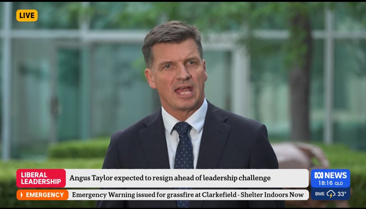 Breaking: Angus Taylor has quit the shadow frontbench - expected to challenge for leadership

"Liberal Party is at worst position it's been since 1944... we can't ignore it"

"I don't believe Sussan Ley is in a position to be able to lead the party, as it needs to be led"
