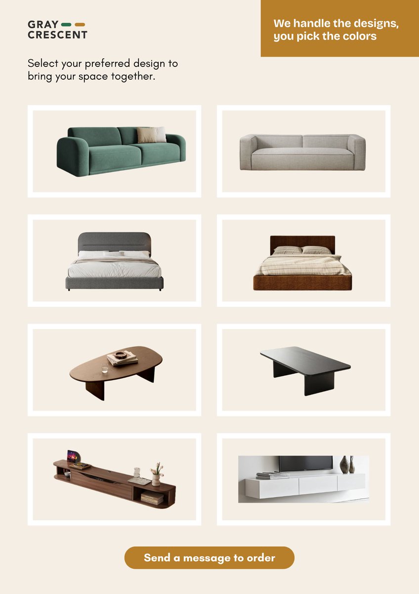 We’ve curated smart furniture packages for your first apartment, your next level, or that well-deserved home upgrade.

We handle the design.
You choose the options.
Pick your colors.

Then you simply:
• Move in
• Settle in
• Or go all in

Send a DM now!