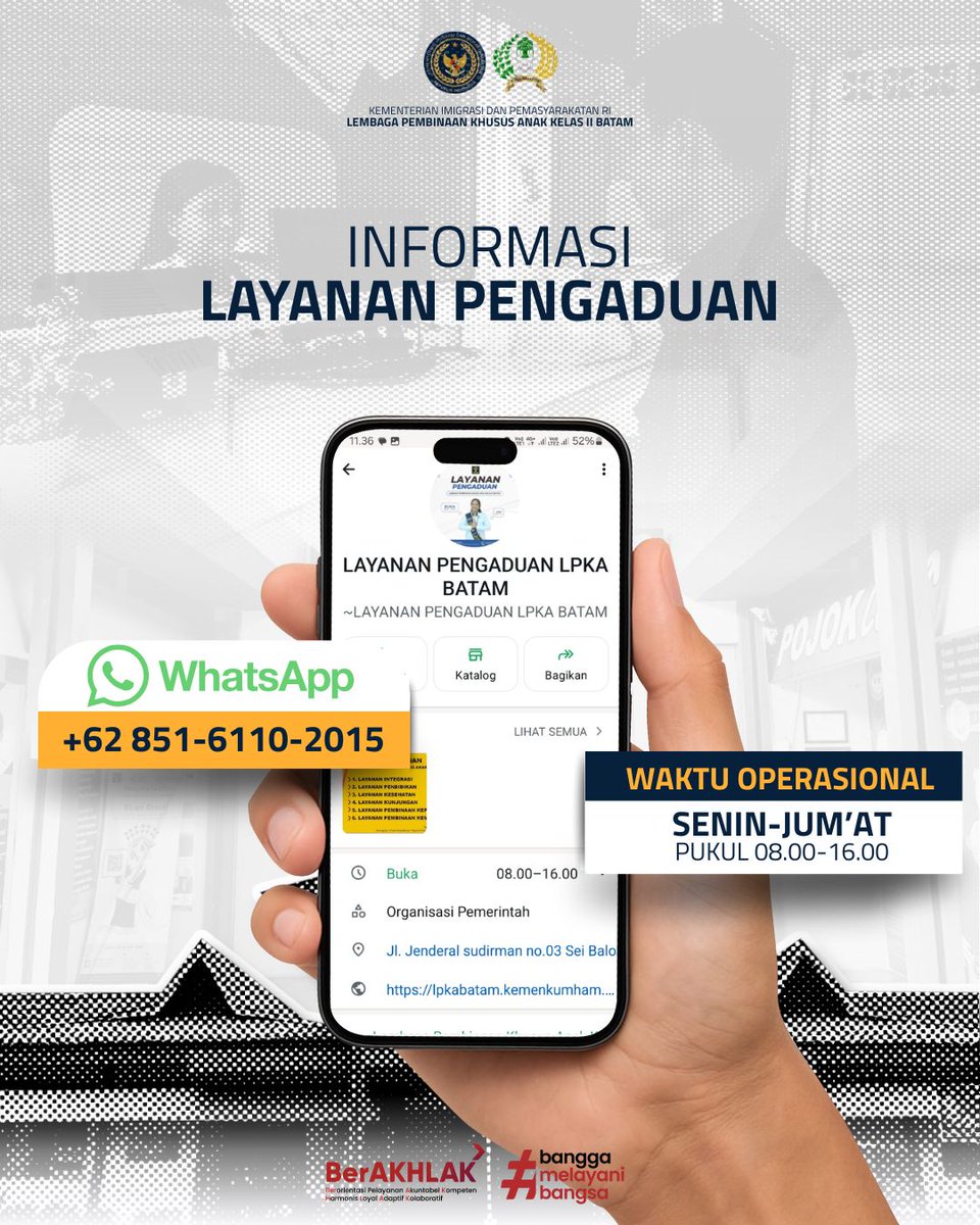 lpkabatam's tweet photo. Hallo #sobatceria, Anda dapat menyampaikan kritik, saran, maupun pengaduan melalui WhatsApp resmi Layanan Pengaduan LPKA Kelas II Batam.

Mari bersama wujudkan pelayanan publik yang bersih, responsif, dan terpercaya. ✨

#lpkabatam
#pasticeria
#kemenimipas
#faizalgerhaniputra https://t.co/vBvaCy4ca6