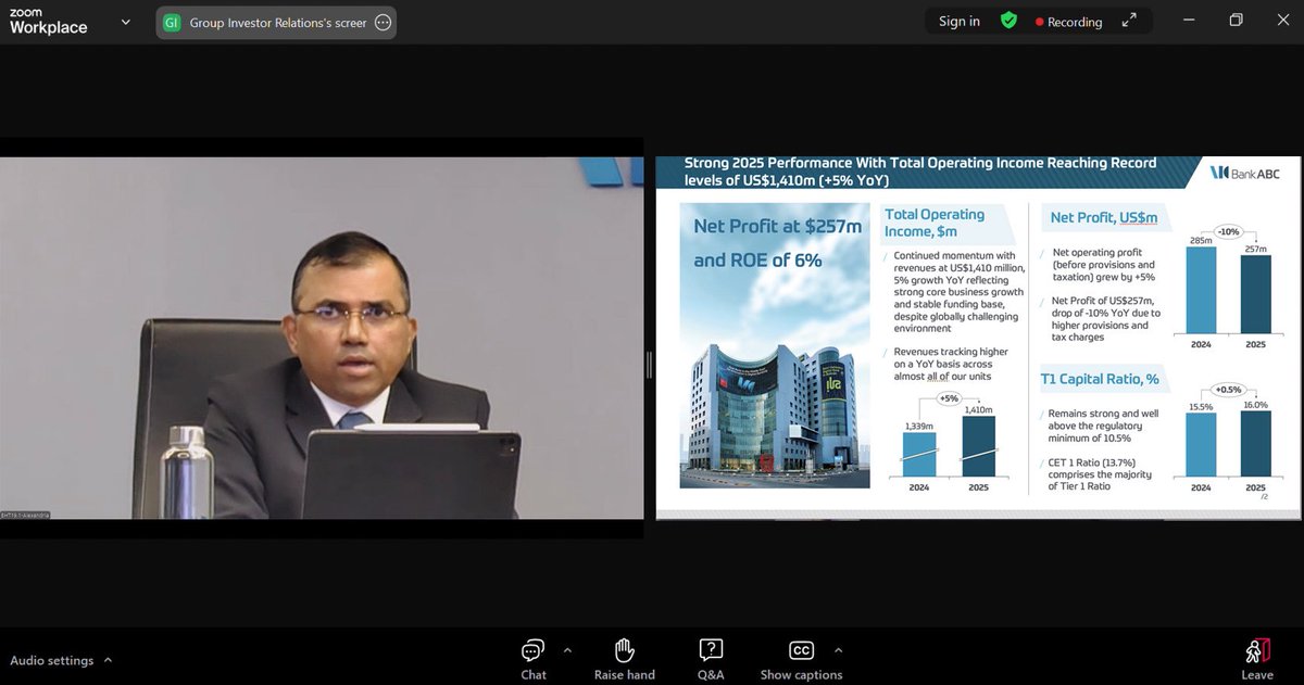 Bank ABC held its FY 2025 Earnings Call, highlighting the Bank’s resilient performance for the year ending December 31, 2025. Acting CEO Brendon Hopkins &amp; Head of Group Finance Suresh Padmanbhan shared record revenues of US$1,410M, Net Profit of US$257M, &amp; Total Assets of US$50B.
