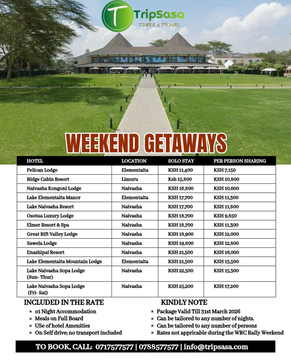 trip_sasa's tweet image. ✨✨𝐖𝐄𝐄𝐊𝐄𝐍𝐃 𝐆𝐄𝐓𝐀𝐖𝐀𝐘𝐒✨✨
Book &amp;amp; get to enjoy our budget weekend getaway deals
𝐅𝐎𝐑 𝐁𝐎𝐎𝐊𝐈𝐍𝐆 𝐈𝐍𝐐𝐔𝐈𝐑𝐈𝐄𝐒:
☎️ 0717577577/0788577577
📧 info@tripsasa.com
#tripsasa #tripsasadeals #weekendgetaway #getaway #vacationvibes #travelwithus #holiday #zurukenya