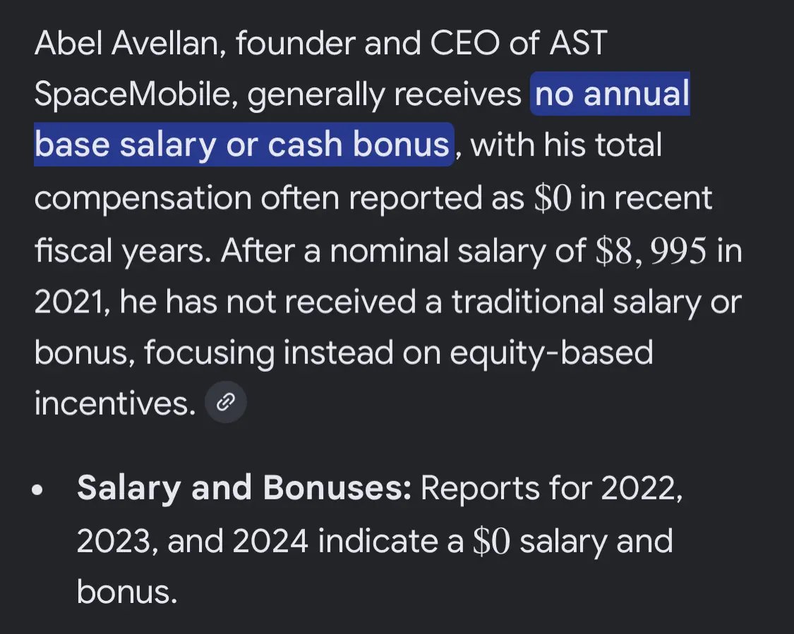 $ASTS 
Seriously….
Go try to find another Multi-Billion dollar publicly traded company that has a Founder/CEO that pays himself $0, and $0 in annual cash bonuses…

I’ll wait…
