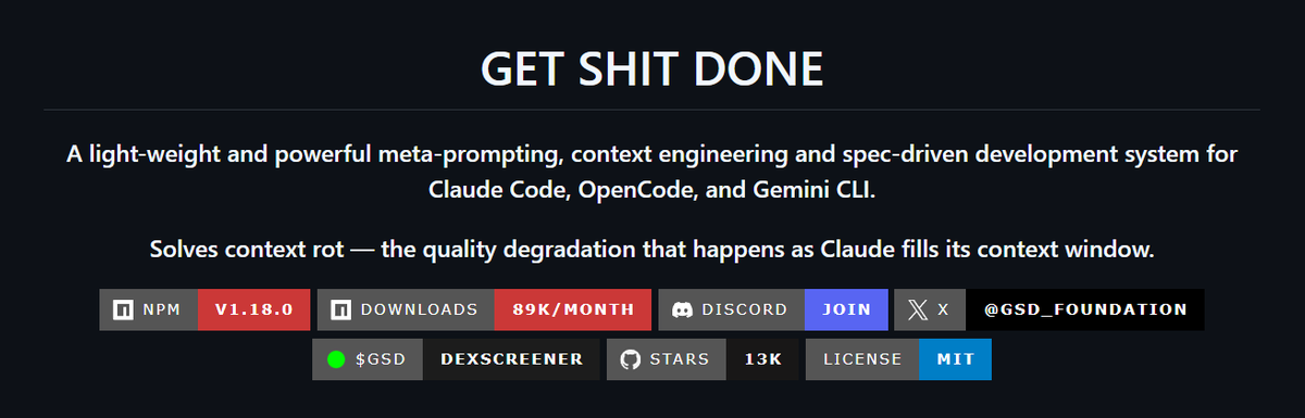 0xRari_'s tweet photo. Imagine senior AI product manager of Google talking and using this project - Get shit done.

Dev mentioned $GSD token on his 12k starred github repo. Sitting only 1M market cap.

10m for $GSD.

8116V1BW9zaXUM6pVhWVaAduKrLcEBi3RGXedKTrBAGS https://t.co/rYEywPz5MW