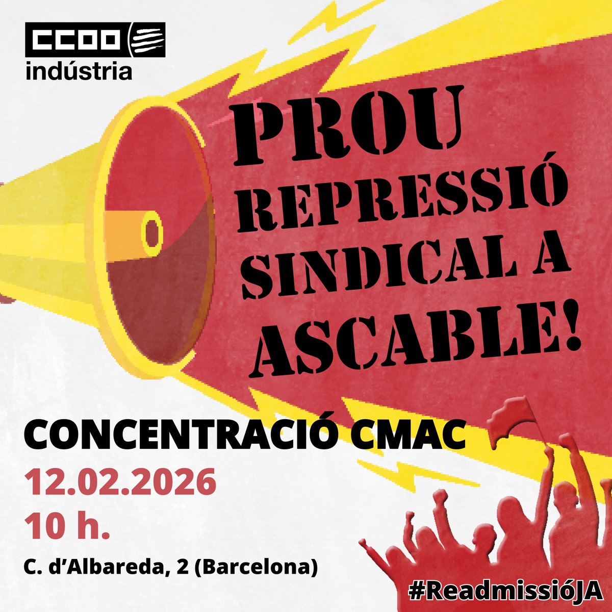 🔺 Demà tornarem a concentrar-nos per la readmissió del company acomiadat per Ascable‼️

📌 10 h
📌 C. d'Albareda, 2, BCN

Coincidint amb l'acte de conciliació al CMAC, li manifestarem tot el nostre suport i exigirem a Ascable la seva readmissió!

ccoo.cat/industria/noti…