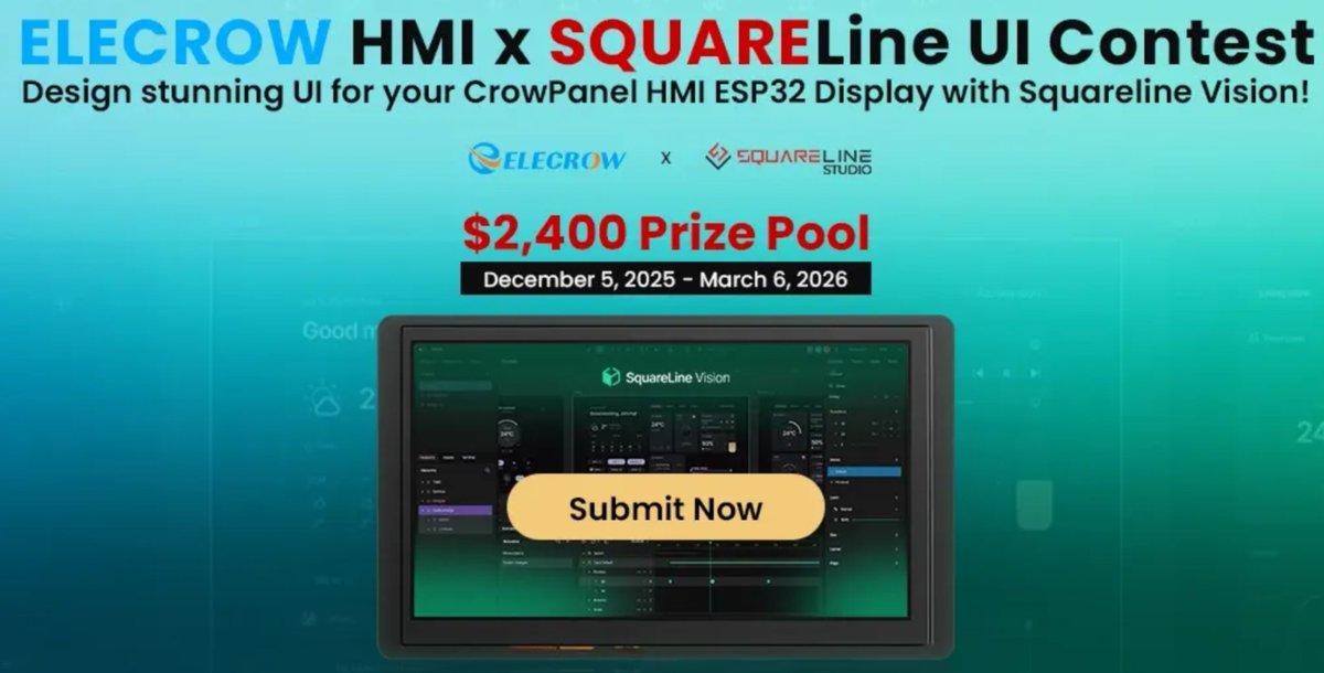 📢 Makers and DIY enthusiasts pay attention!

Elecrow and SquareLine UI contest is open now with total prize pool of $2,400

👉 elecrow.com/crowpanel-squa…