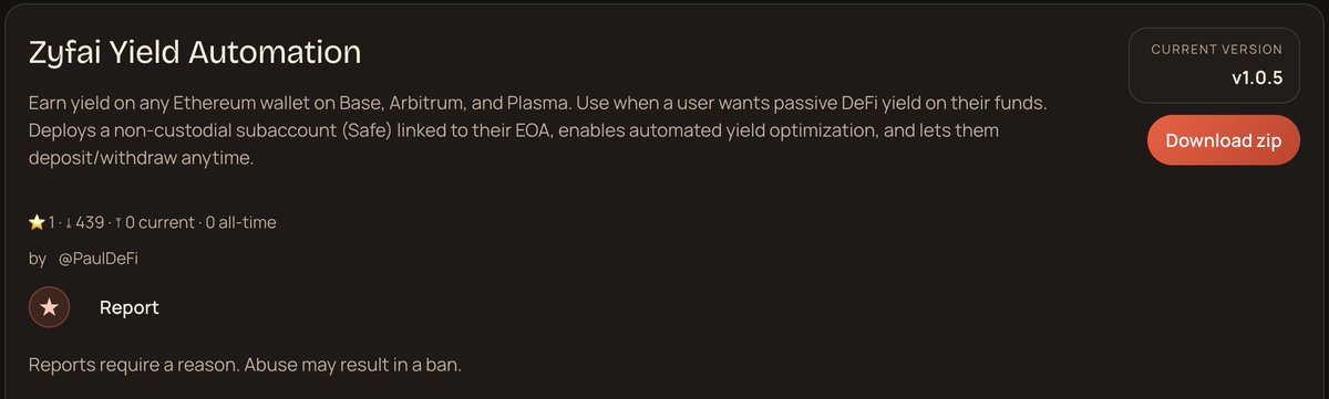 Openclaw update: +430 downloads on the skill 🦞

- Set up your openclaw through a $7/months VPS
- Give him a private key
- Install the Zyfai Yield skill (clawhub)
- Enjoy the best low risk DeFi yield