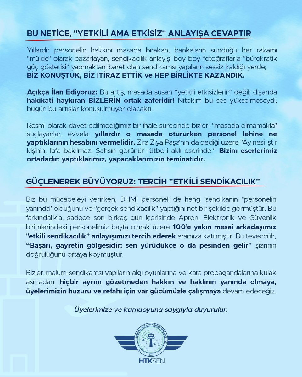 “YETKİLİ” DEĞİL, "ETKİLİ" SENDİKA ANLAYIŞI KAZANDI!

DHMİ maaş promosyonu sürecinde, Sendikamızın masada imza yetkisi bulunmamasına rağmen; süreci yakından takibi, nitelikli muhalefeti ve emsallere dayanan haklı argümanları neticesinde banka üzerinde oluşturulan kamuoyu baskısı