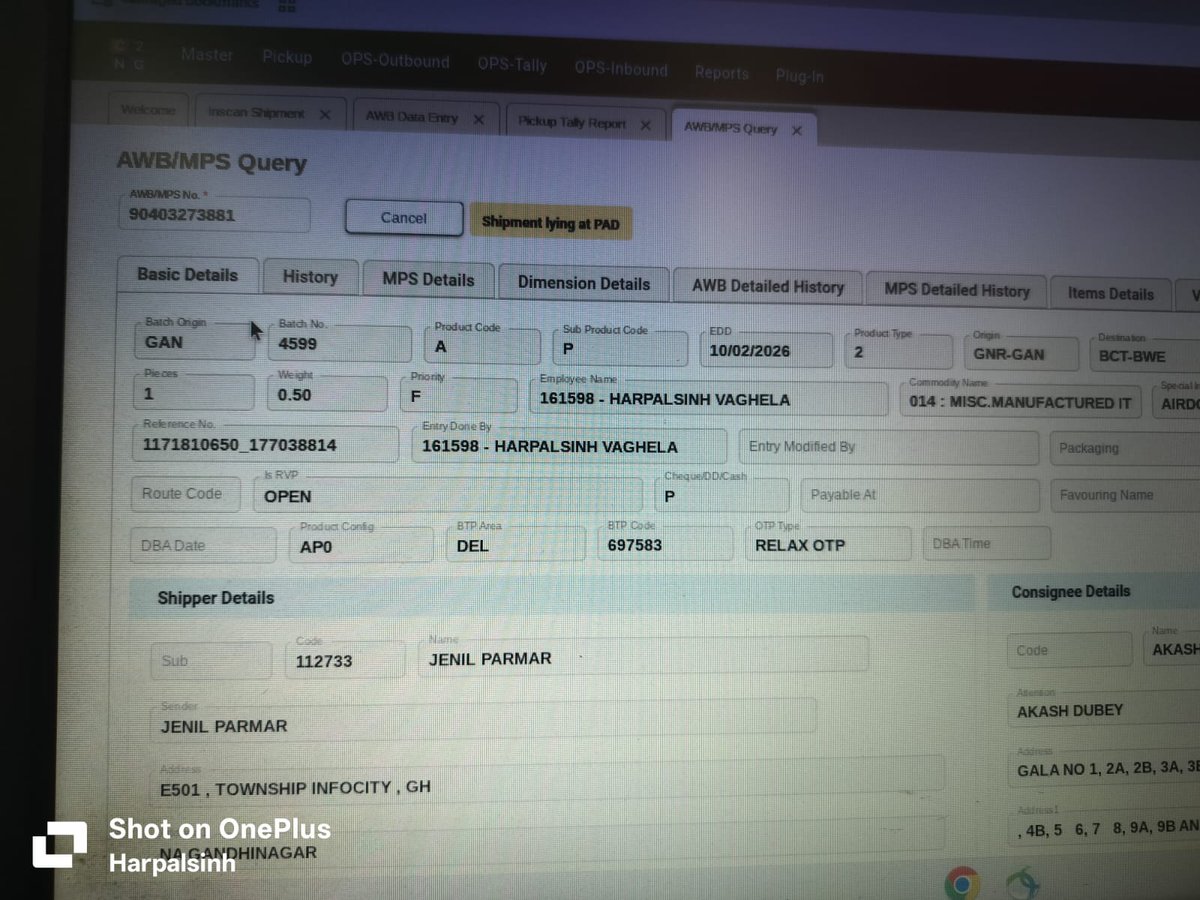 JenilP20320's tweet photo. @boAtSupport1 WRONG. Internal system photos prove AWB 90403273881 is under my name/address and status is "Shipment lying at PAD." Your agent Harpalsinh Vaghela (Shiprocket agent) updated this and claiming that he's given is final and it won't change.
please contact shiprocket from your side. https://t.co/GHHaQzjqha