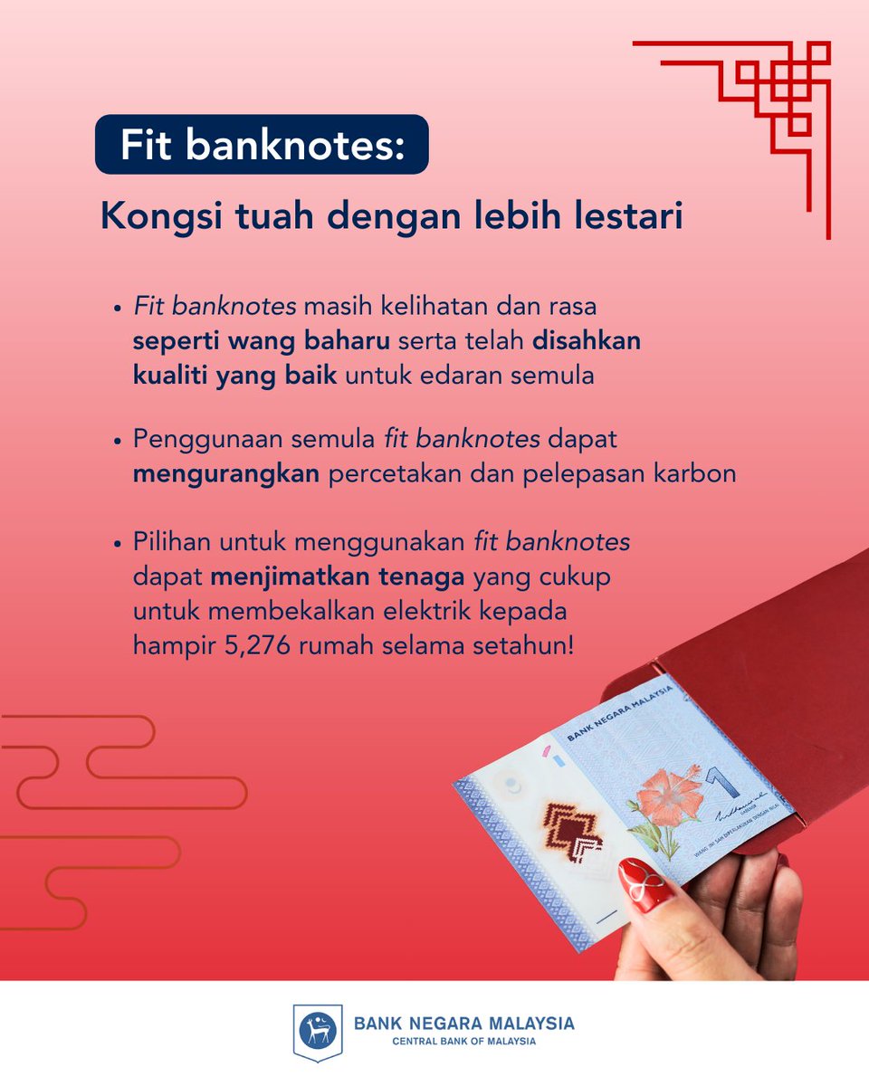 BNM_official's tweet photo. Untuk Tahun Baharu Cina ini, kongsikan tuah anda melalui dua cara – wang kertas yang sesuai (fit banknotes) atau dengan satu sentuhan mudah!

Fit banknotes membolehkan anda berkongsi keberkatan dengan wang kertas yang masih elok dan berkualiti sambil mengurangkan jejak karbon, manakala e-Angpau menjadikan pemberian anda lebih mudah dan selamat.
 
#BNMTahukahAnda