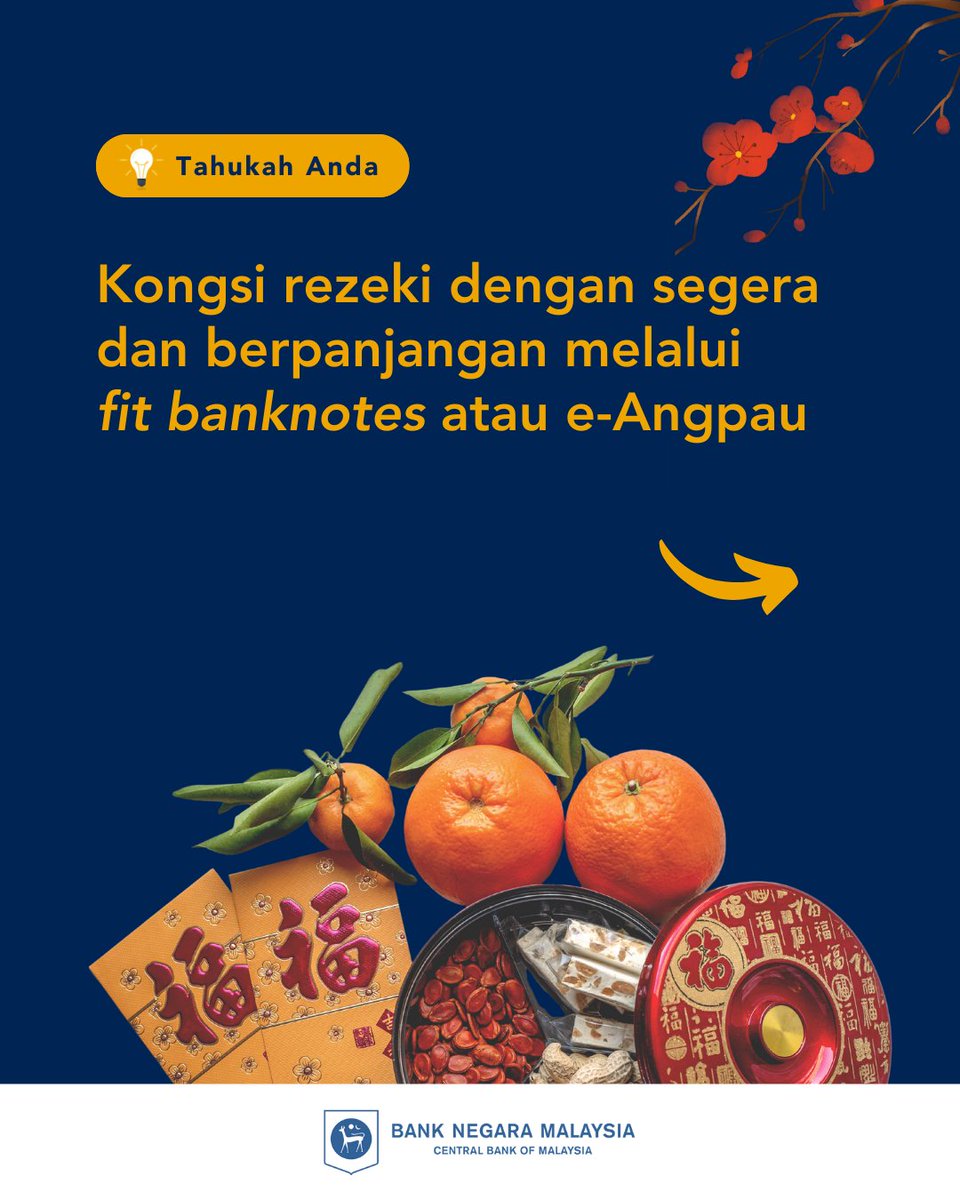 BNM_official's tweet photo. Untuk Tahun Baharu Cina ini, kongsikan tuah anda melalui dua cara – wang kertas yang sesuai (fit banknotes) atau dengan satu sentuhan mudah!

Fit banknotes membolehkan anda berkongsi keberkatan dengan wang kertas yang masih elok dan berkualiti sambil mengurangkan jejak karbon, manakala e-Angpau menjadikan pemberian anda lebih mudah dan selamat.
 
#BNMTahukahAnda