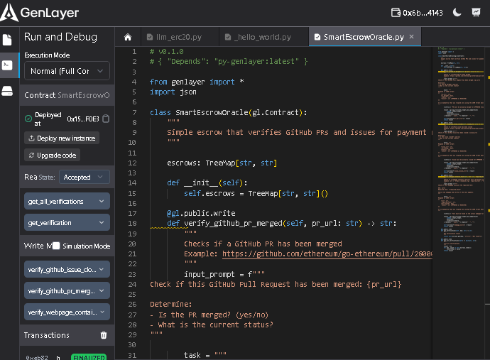dav_crypt's tweet photo. Successfully built another contract (SmartEscrowOracle) on @GenLayer . This intelligent contract automates escrow payments by verifying real-world conditions with Ai.

So far .the common problem with traditional escrow services is that the charge 3-5% on fees and need you to trust them, even when smart contracts can't check if a Github PR merged successfully or its work was delivered at all.

SmartEscrowOracle fixes this using Ai consensus, where multiple Ai validators independently verify and make sure conditions are met before releasing payment. 

How it works:

result = gl.eq_principle.prompt_non_comparative(
    lambda: input_prompt,
    task=task,
    criteria=criteria,
)

1️⃣ Create escrow with condition (e.g., "pay when PR merged") 
2️⃣ AI validators check GitHub when claimed complete 3️⃣ Validators vote on whether condition is met 
4️⃣ If approved, funds release automatically and everything fully verifiable on-chain. 

What it does:
✅ verify_github_pr_merged → Checks if PR is merged (pay devs when code accepted) 
✅ verify_github_issue_closed → Checks if issue closed (bug bounties) 
✅ verify_webpage_contains_text → Checks webpage content (milestone verification)

Real example:
Input: https://t.co/xqS48UUNUt
Output:
{
  "pr_url": "...",
  "is_merged": true,
  "status": "merged",
  "result": "APPROVED"
}
AI verified the PR merged. Payment approved. Done. ✅

Use cases:
Freelance dev work → Pay when PR merged 
Bug bounties → Pay when issue closed 
Feature delivery → Pay when live 
Content creation → Pay when published 

This above will help reduce 3-5% escrow fees having just trustless verification ,lesser gas fees ,AI verification and provision of Instant results

SmartEscrowOracle: https://t.co/TRqwdi0E0R